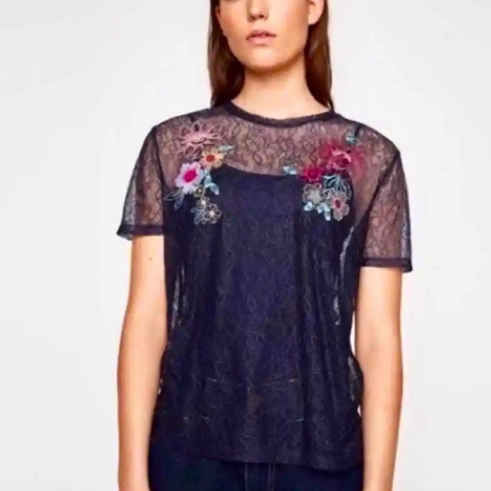 Zara Lace Embroidered Floral Shirt Sleeve T Shirt Womens Small